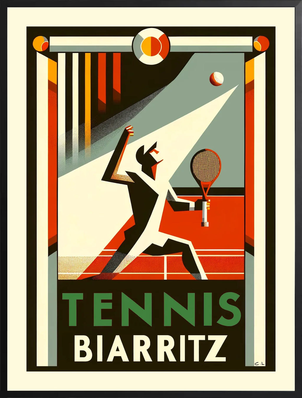 Présenté joueur de tennis stylisé en cadre noir mat, effet galerie