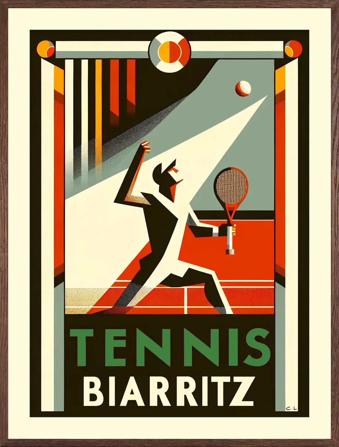 Encadré joueur de tennis stylisé dans un cadre chêne clair, finition mate