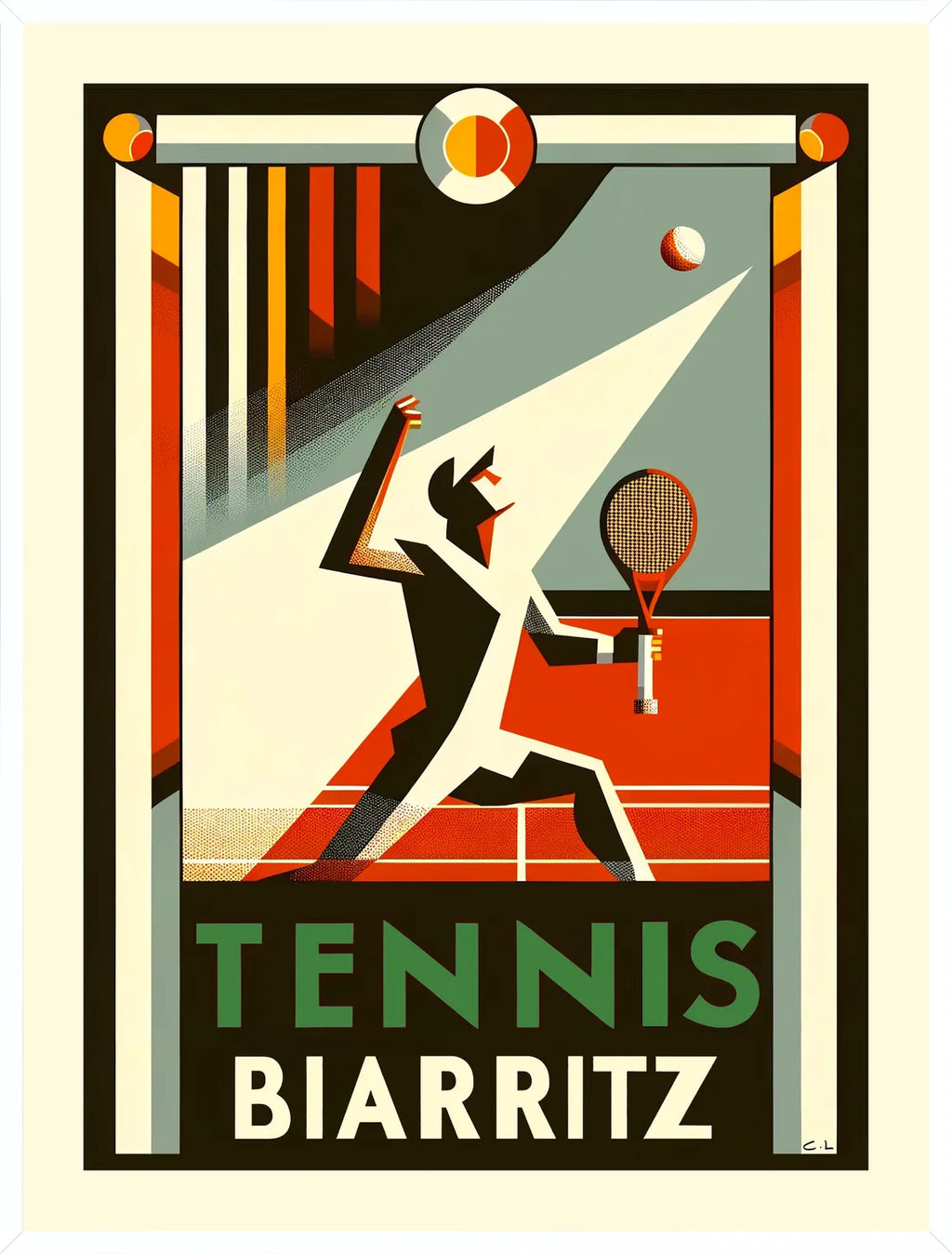 Suspendu joueur de tennis stylisé en cadre blanc fin, minimaliste