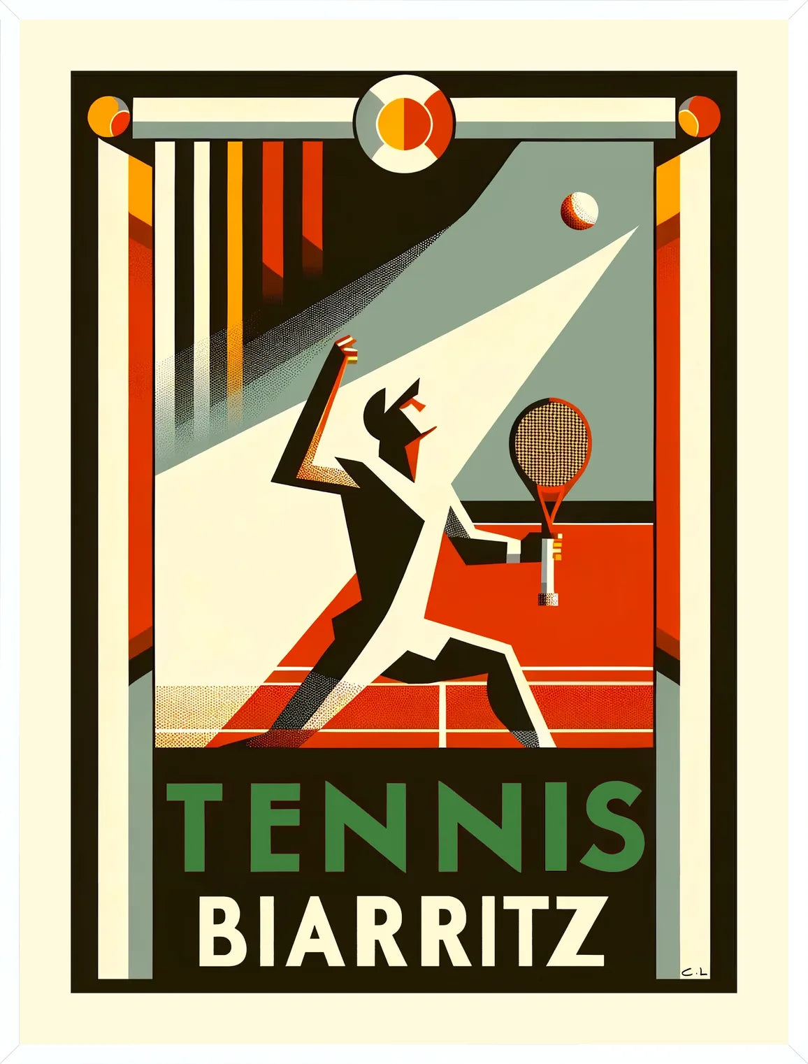 Suspendu joueur de tennis stylisé en cadre blanc fin, minimaliste