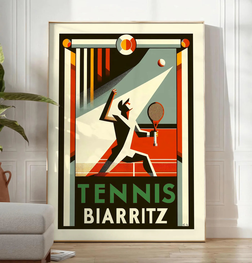 Reproduction silhouette de joueur de tennis stylisé frappant une balle, posee au sol dans un salon minimaliste clair, a cote d'un canape beige et d'une plante verte, sur un parquet clair