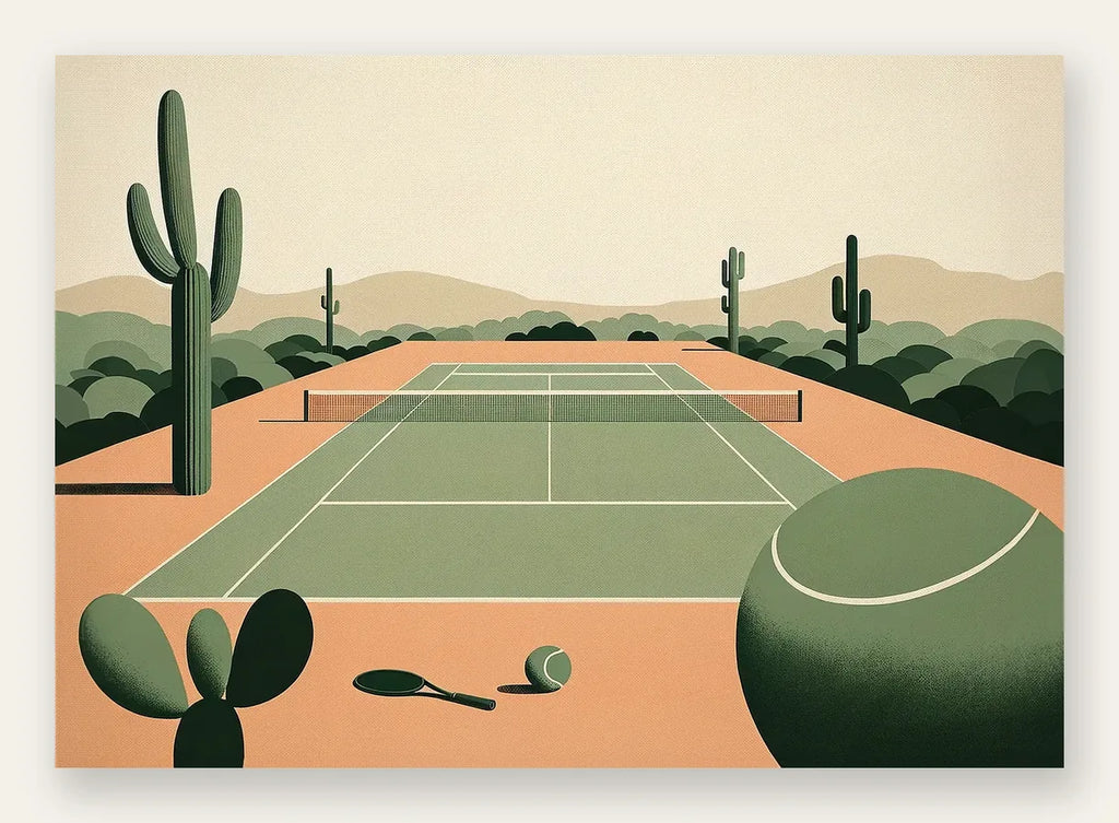 Affiche tennis desert, court en terre battue avec cactus saguaro et balle