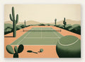 Affiche tennis desert, court en terre battue avec cactus saguaro et balle