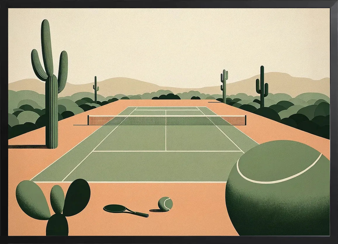 Encadrement noir mat autour du court de tennis et des cactus