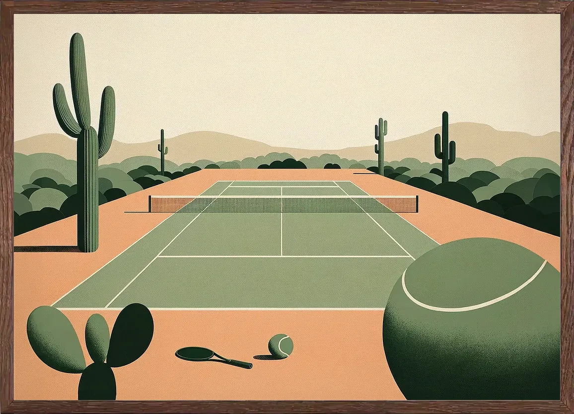 Cadre chene clair entourant l'affiche court de tennis desert