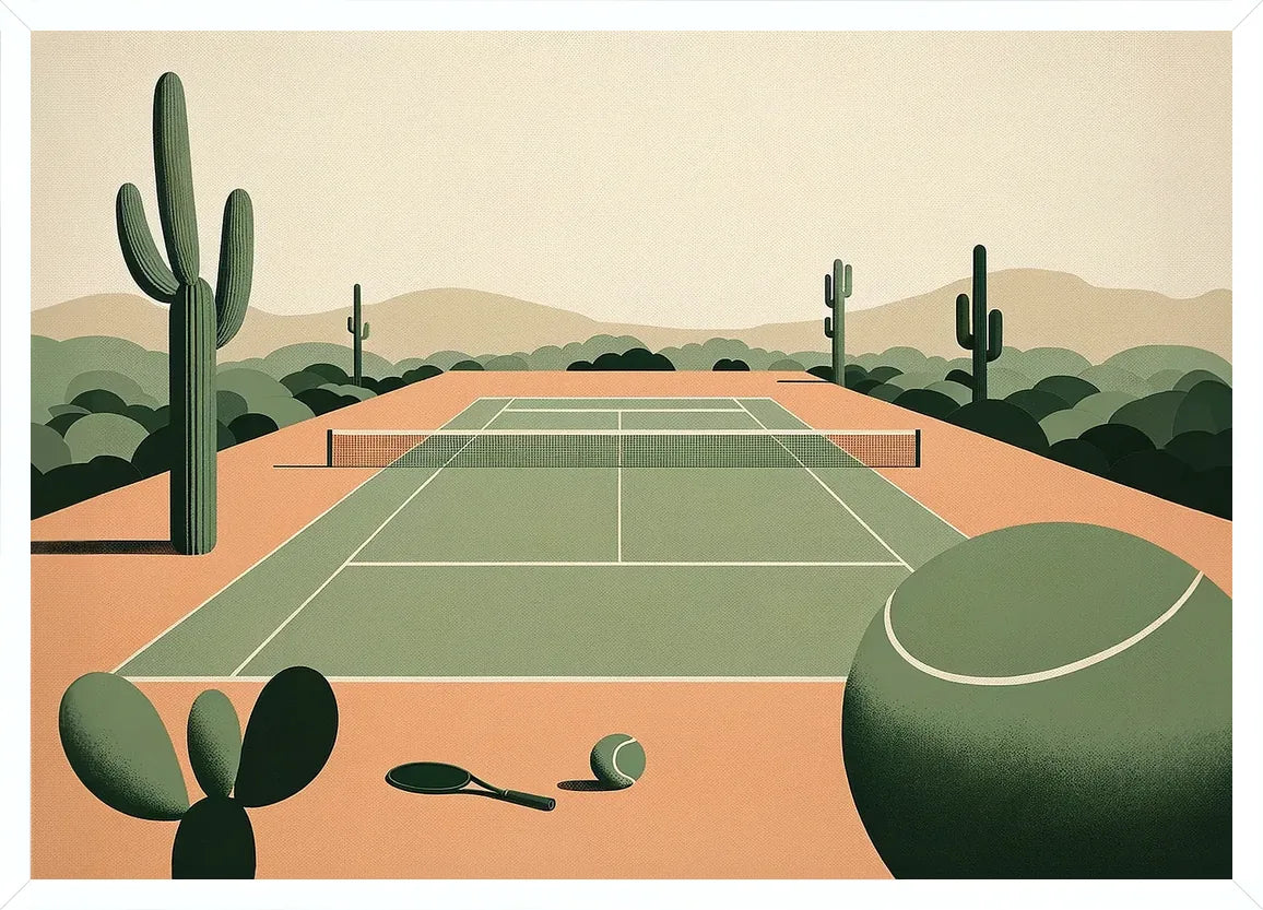Cadre blanc epure presentant l'affiche court de tennis desert