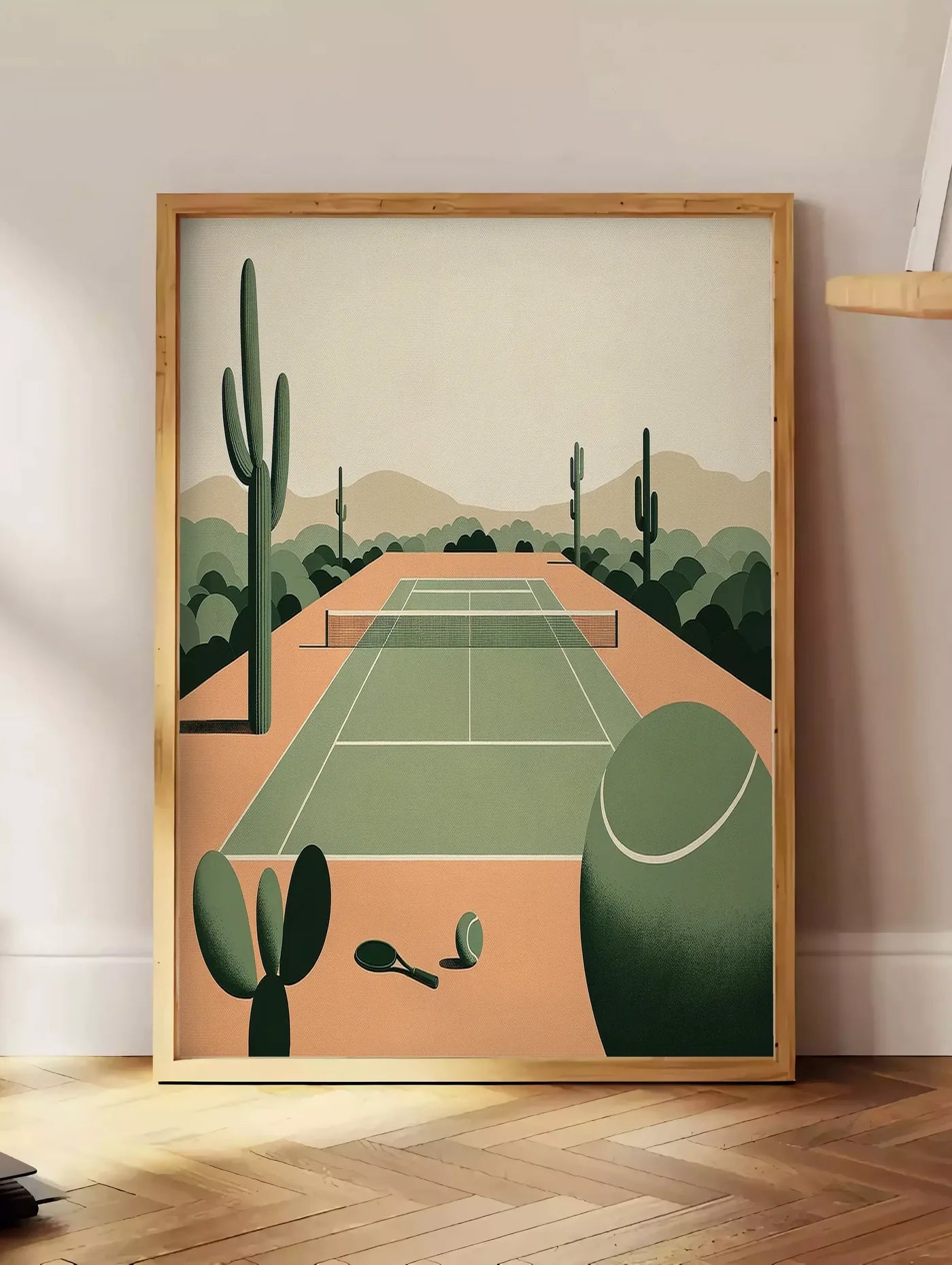 Estampe affiche tennis desert, posee au sol dans un coin salon, sur un parquet a chevrons, pres d'une table d'appoint en chene chargee de livres