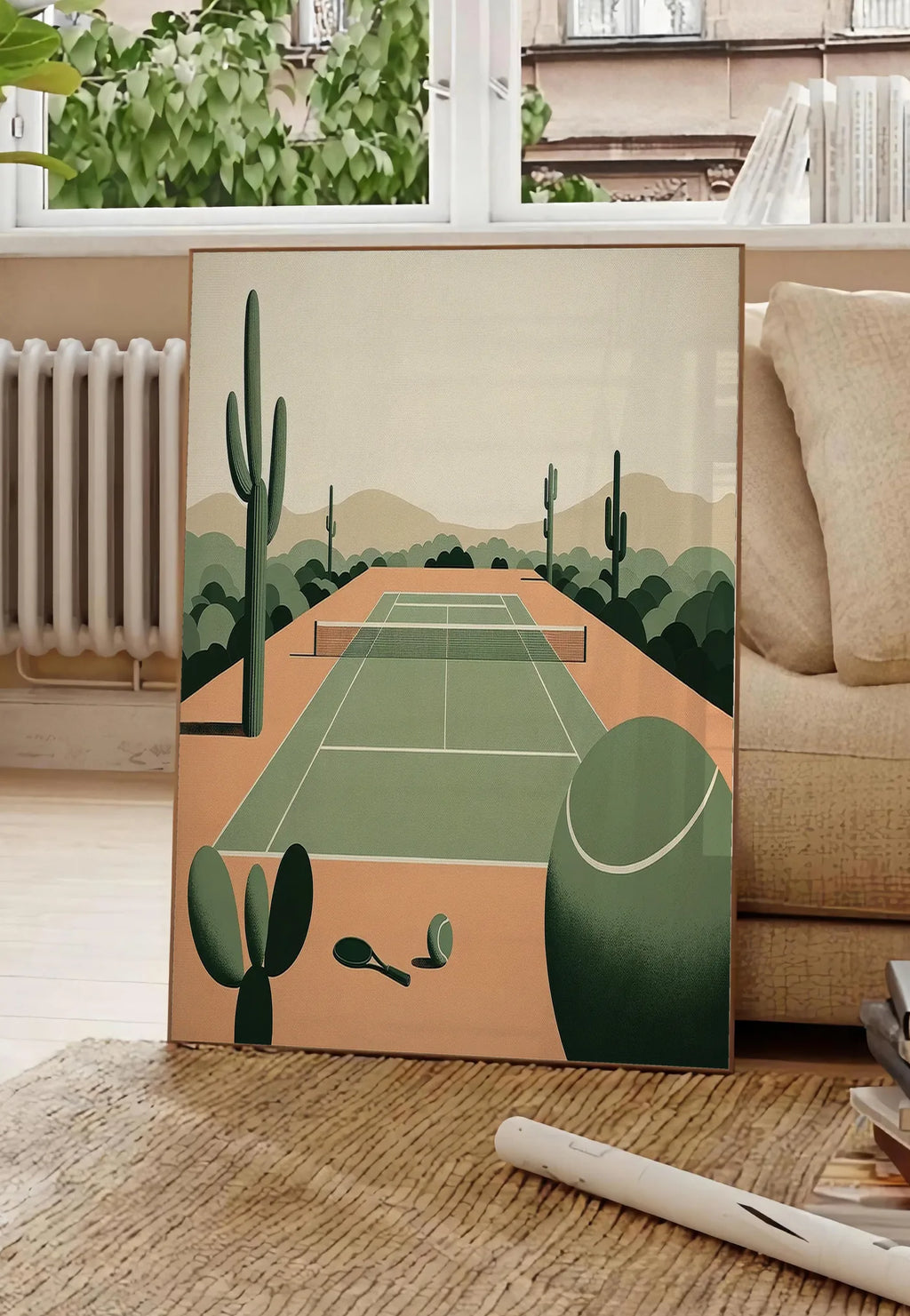 Poster affiche tennis desert, posee au sol dans un salon parisien, devant une grande fenetre donnant sur un immeuble haussmannien, entre un ficus et un canape creme