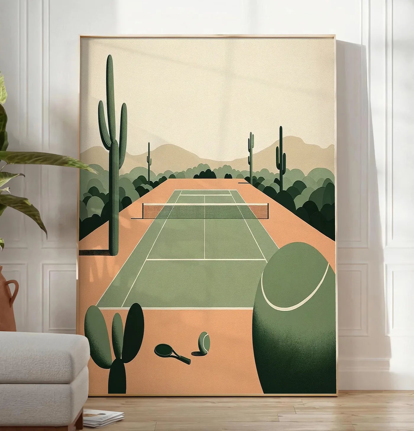 Reproduction affiche tennis desert, posee au sol dans un salon minimaliste clair, a cote d'un canape beige et d'une plante verte, sur un parquet clair