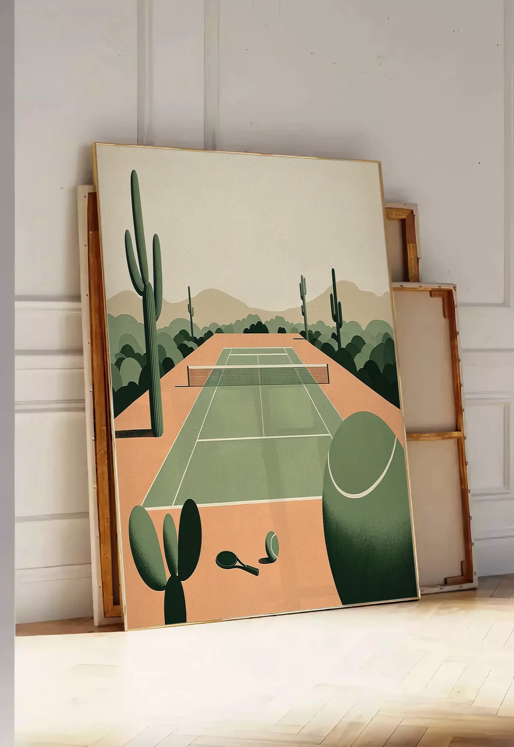 Tirage encadrable affiche tennis desert, posee au sol dans une entree lumineuse, contre un mur a panneaux blancs, a cote de chassis en bois empiles