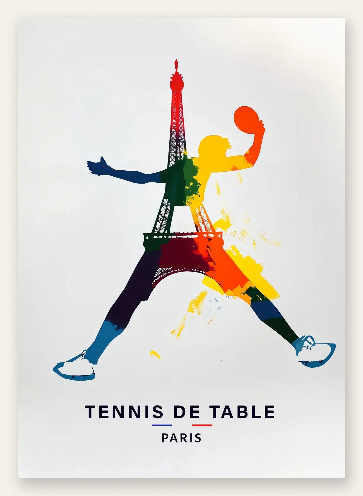 Joueur de tennis de table bondissant, raquette et Tour Eiffel