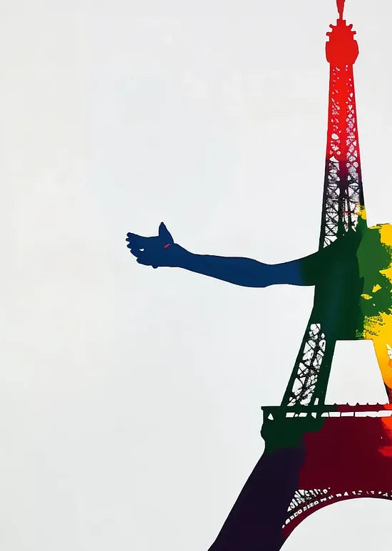 Gros plan sur joueur de tennis de table bondissant, raquette et Tour Eiffel