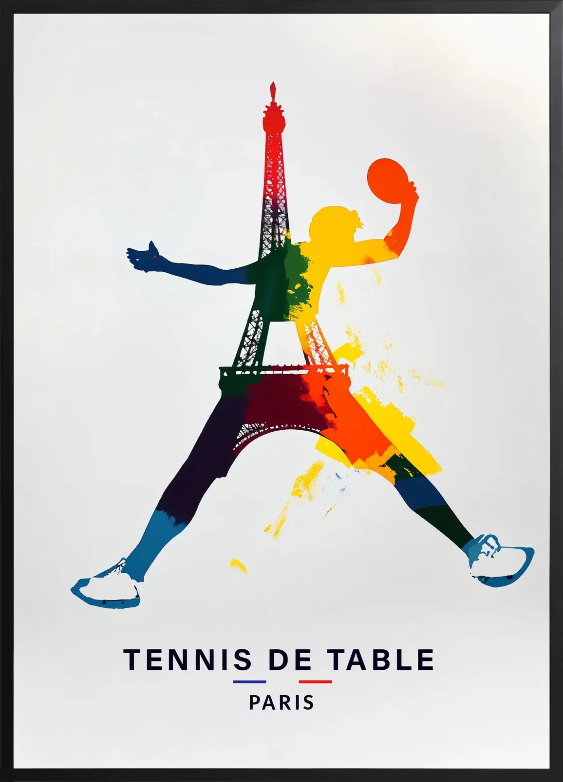 Encadrement noir mat autour de joueur de tennis de table bondissant, raquette et Tour Eiffel