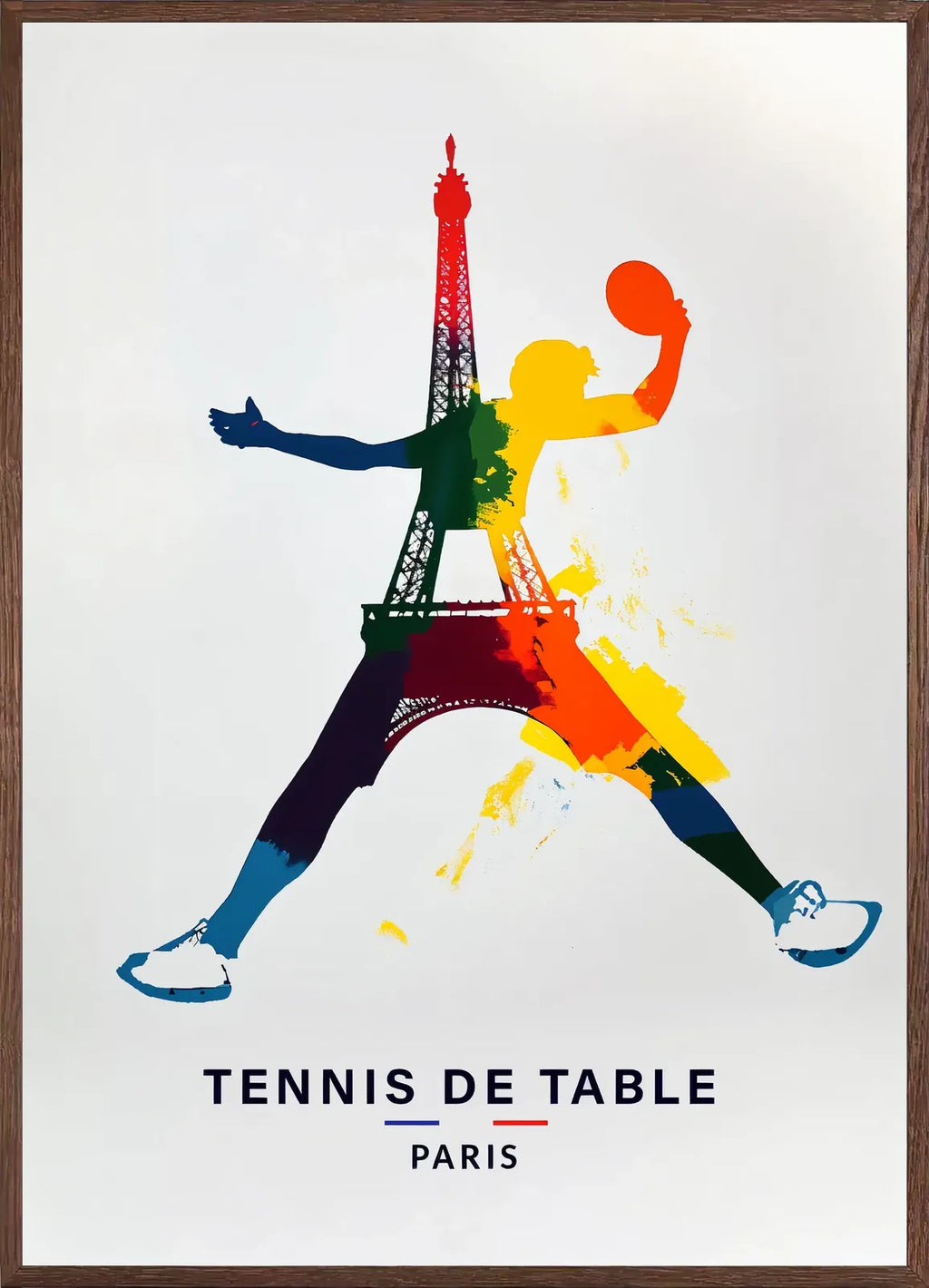 Cadre chene clair entourant joueur de tennis de table bondissant, raquette et Tour Eiffel