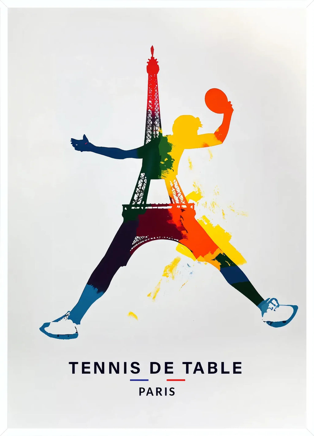 Cadre blanc epure presentant joueur de tennis de table bondissant, raquette et Tour Eiffel