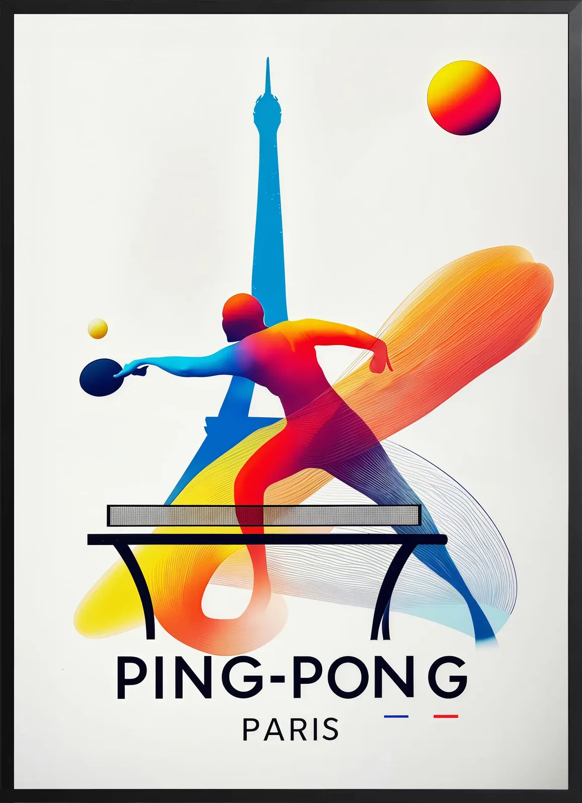 Encadrement noir mat autour de joueur de ping-pong dynamique a la raquette, Tour Eiffel Paris