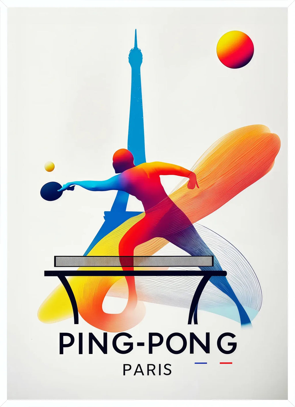 Cadre blanc epure presentant joueur de ping-pong dynamique a la raquette, Tour Eiffel Paris