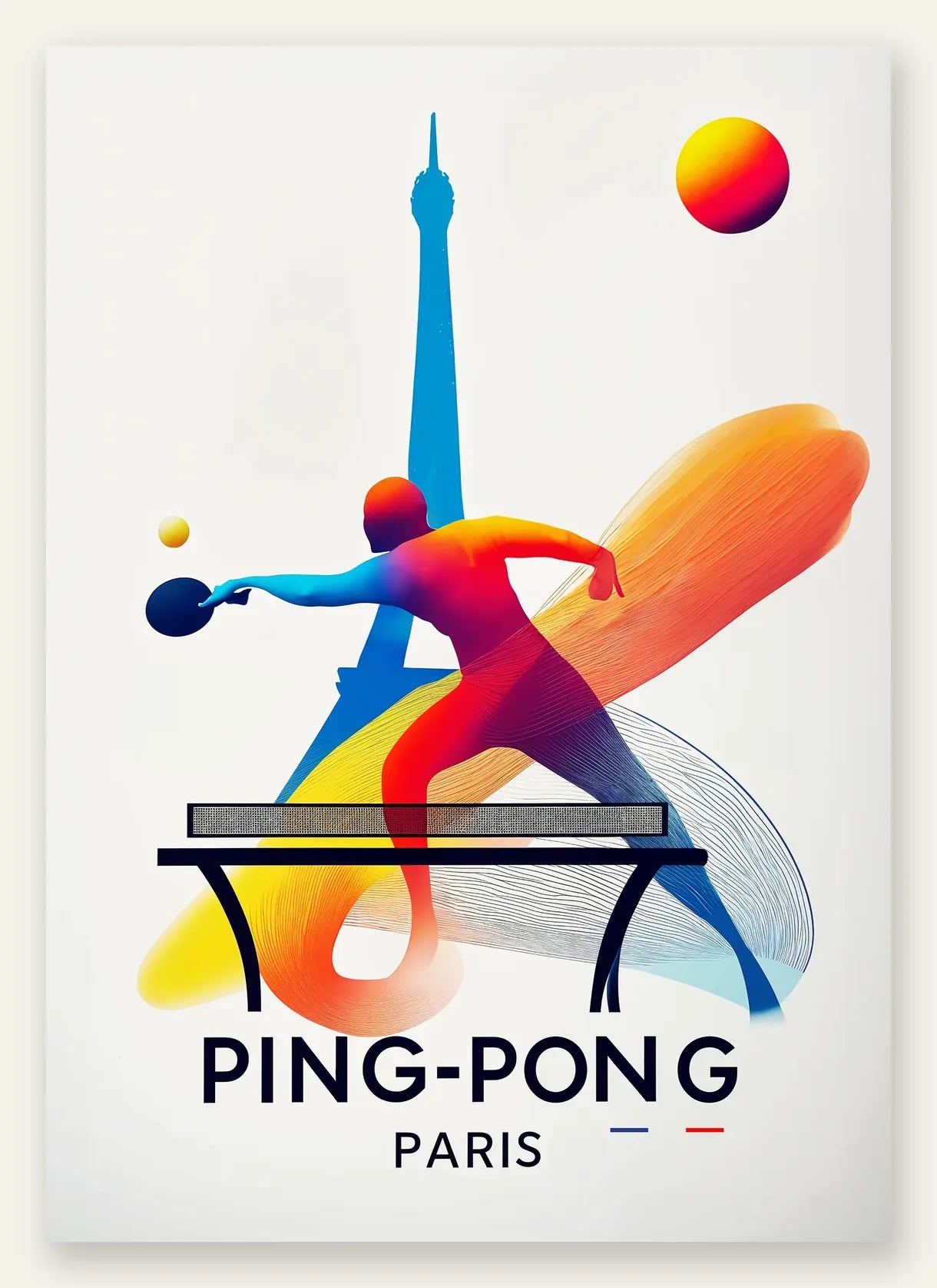 Joueur de ping-pong en extension a la raquette, Tour Eiffel Paris