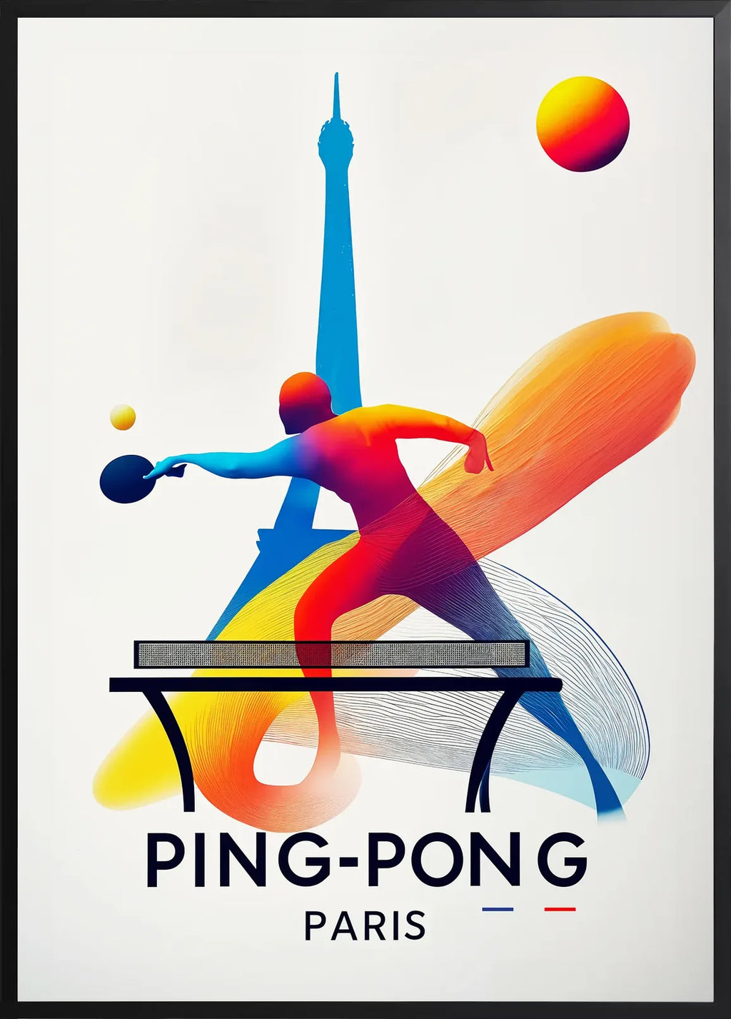 Encadrement noir mat autour de joueur de ping-pong en extension a la raquette, Tour Eiffel Paris