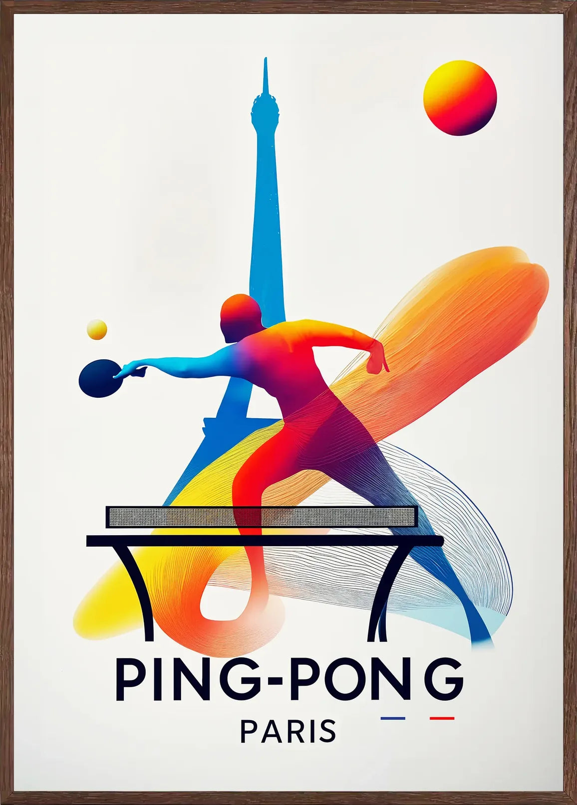 Cadre chene clair entourant joueur de ping-pong en extension a la raquette, Tour Eiffel Paris