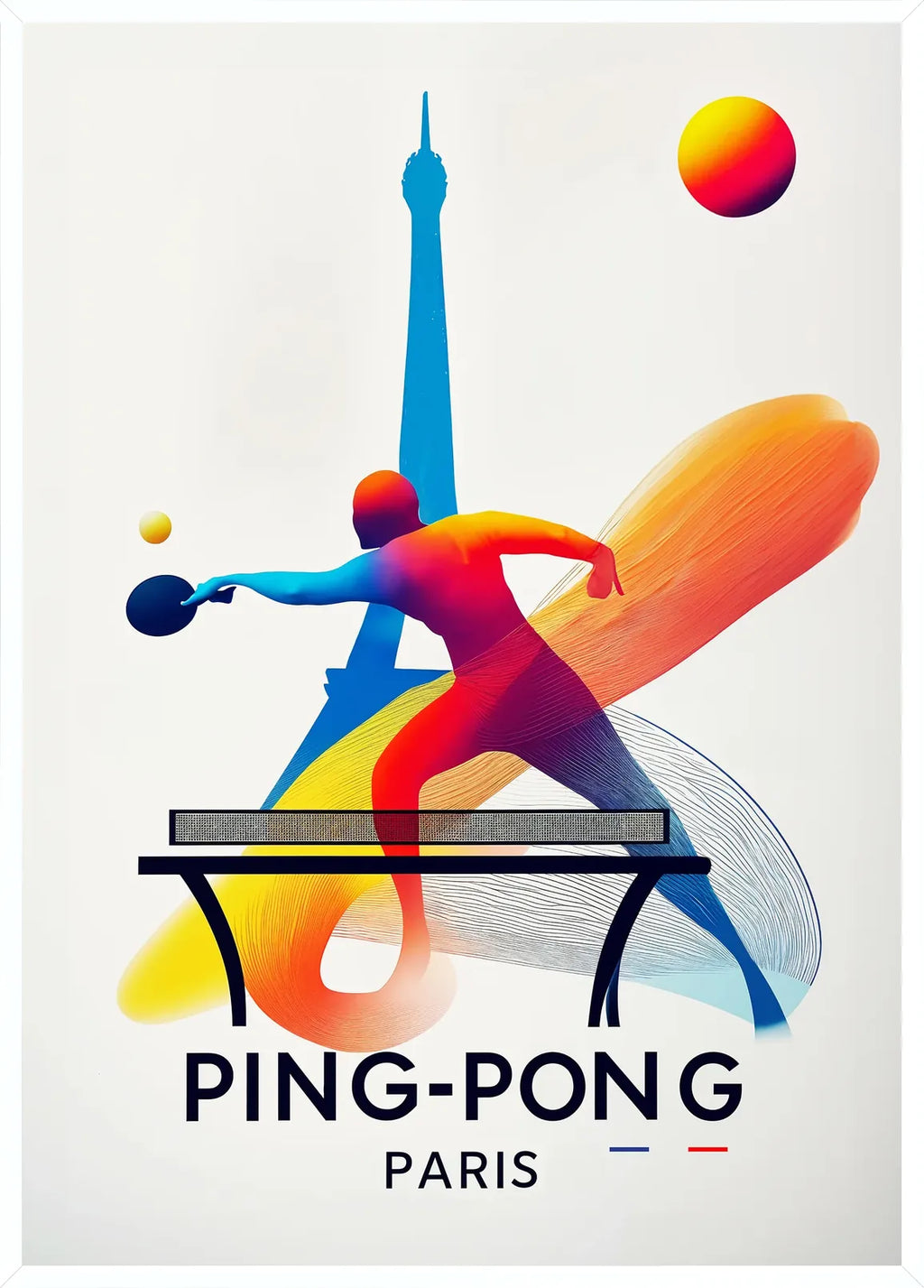 Cadre blanc epure presentant joueur de ping-pong en extension a la raquette, Tour Eiffel Paris