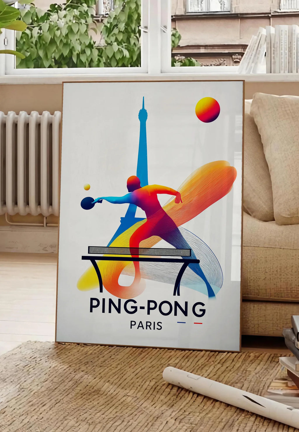 Poster joueur de ping-pong en extension a la raquette, posee au sol dans un salon parisien, devant une grande fenetre donnant sur un immeuble haussmannien, entre un ficus et un canape creme