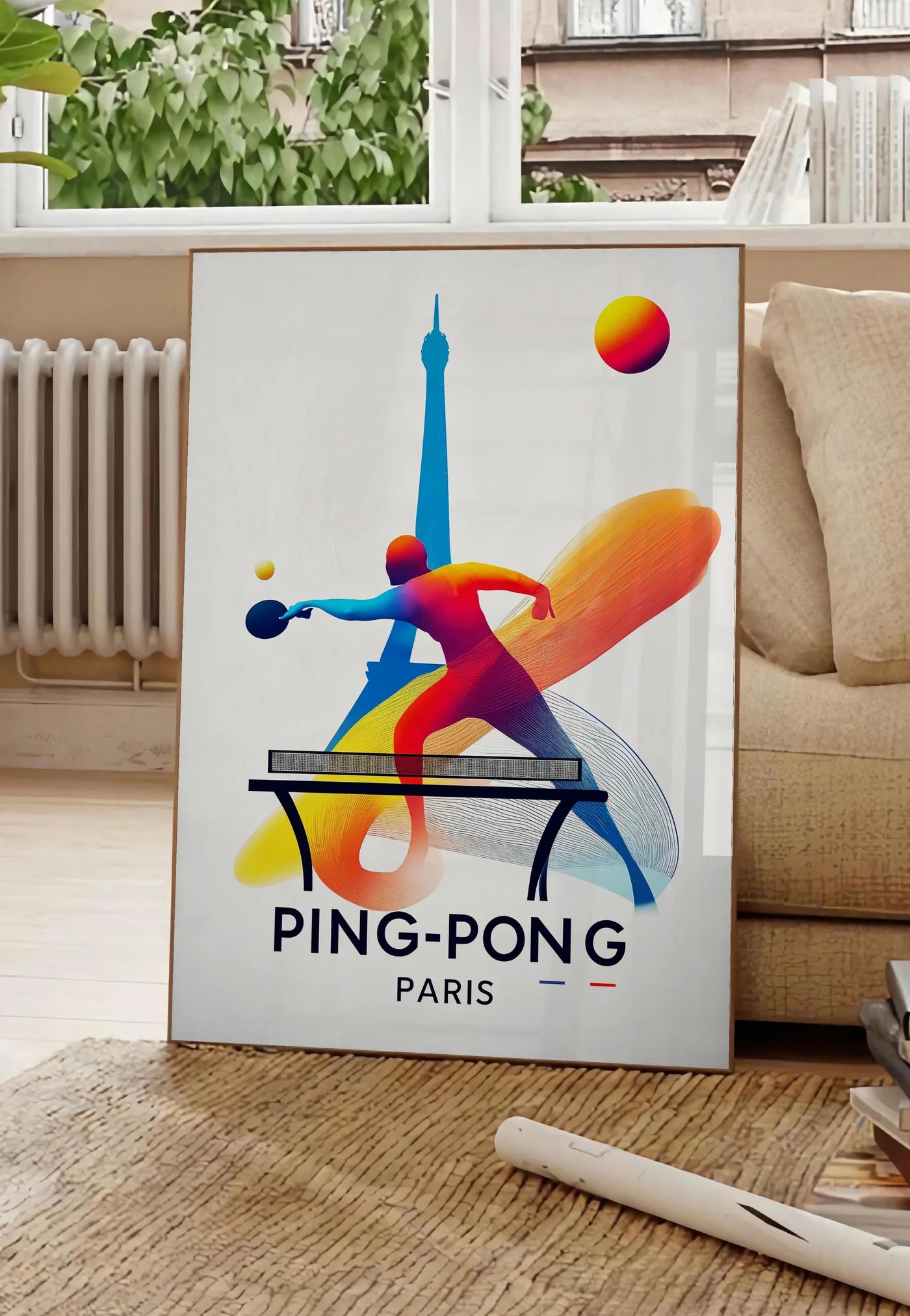 Poster joueur de ping-pong en extension a la raquette, posee au sol dans un salon parisien, devant une grande fenetre donnant sur un immeuble haussmannien, entre un ficus et un canape creme