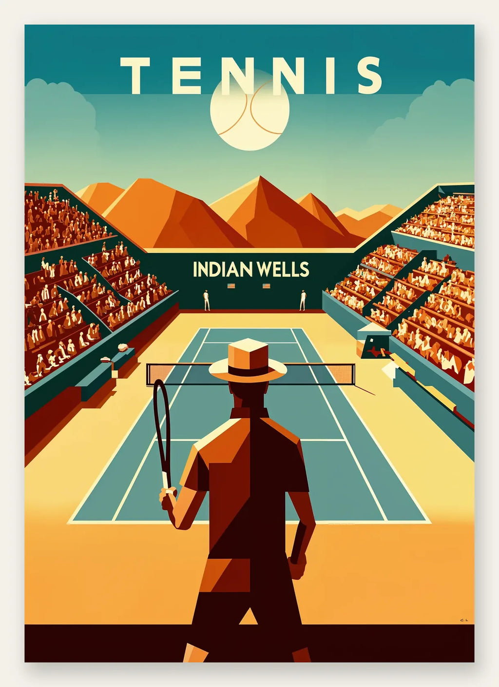 Joueur de tennis face au court d'Indian Wells, montagnes ocre