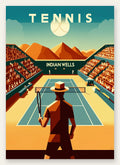 Joueur de tennis face au court d'Indian Wells, montagnes ocre