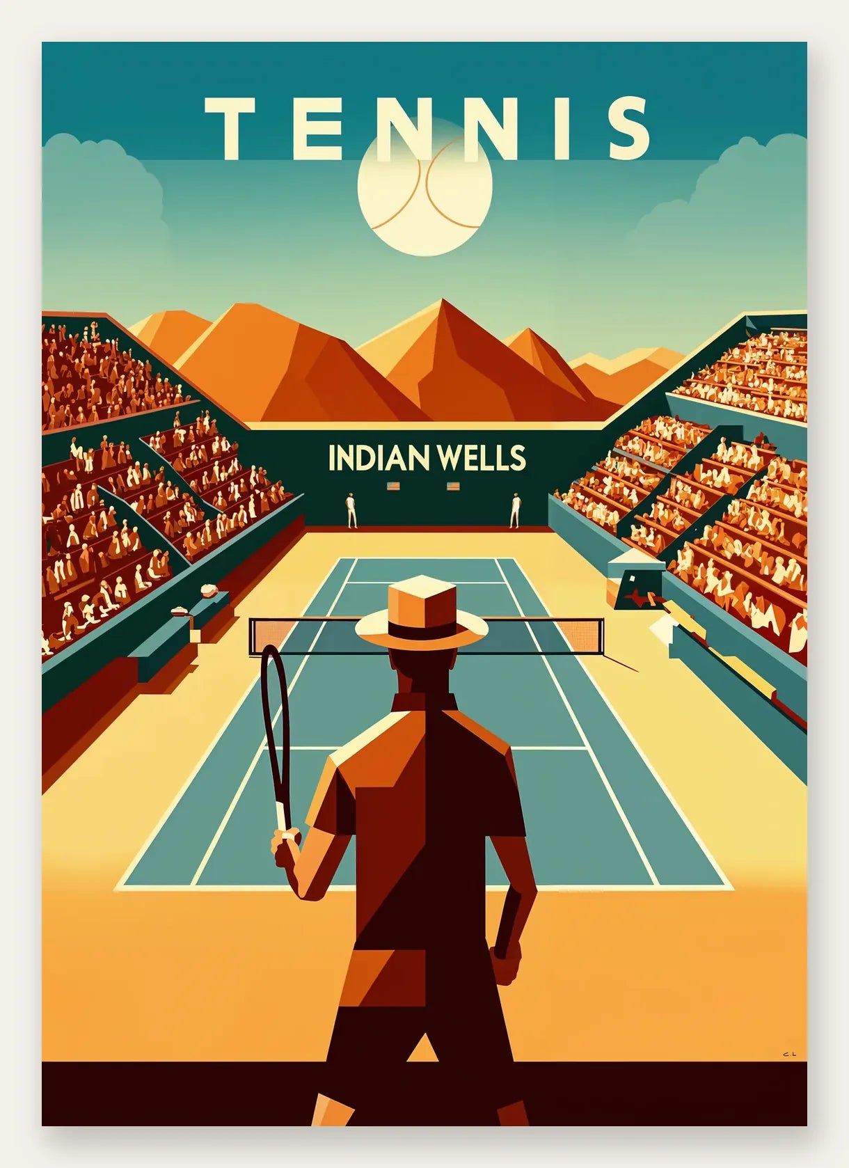 Joueur de tennis face au court d'Indian Wells, montagnes ocre
