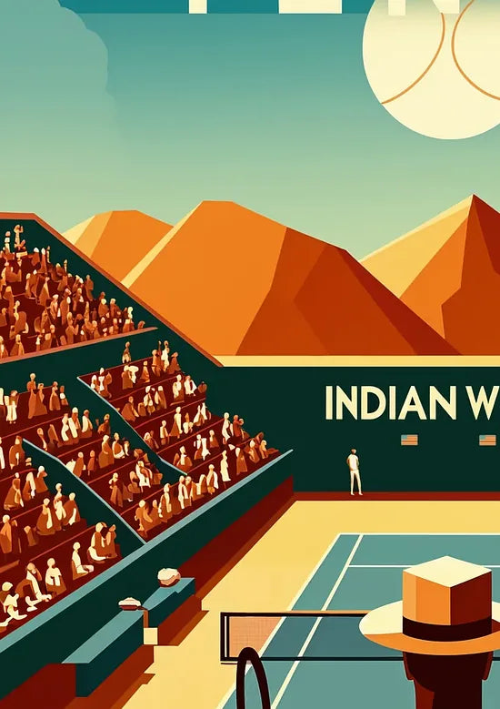 Gros plan sur Joueur de tennis face au court d'Indian Wells, montagnes ocre