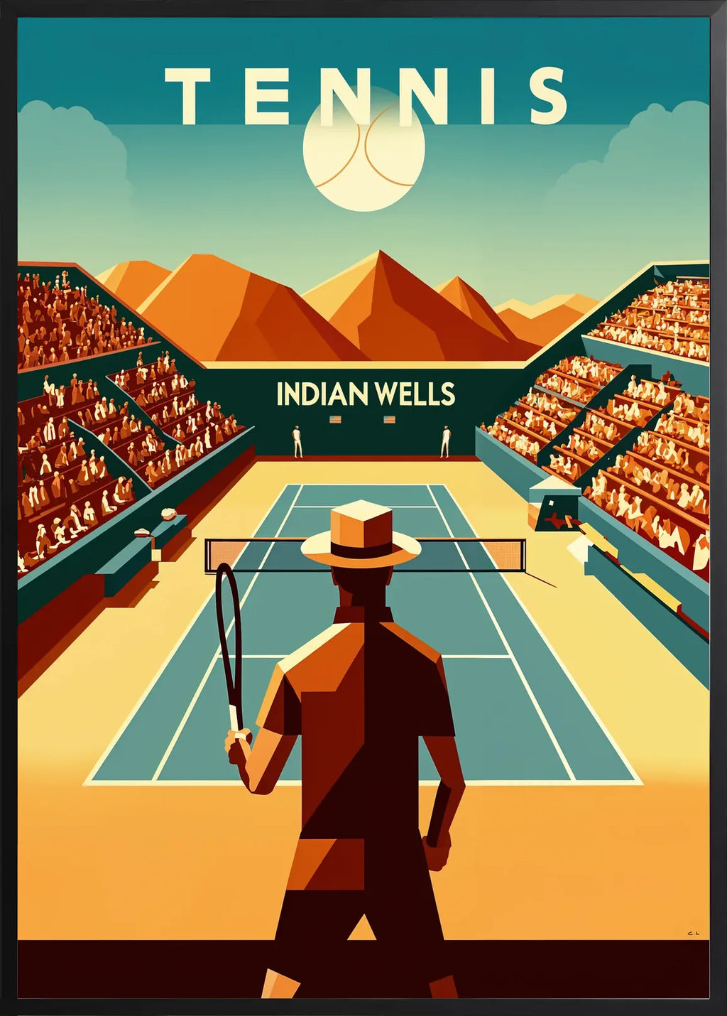 Encadrement noir mat autour de Joueur de tennis face au court d'Indian Wells, montagnes ocre
