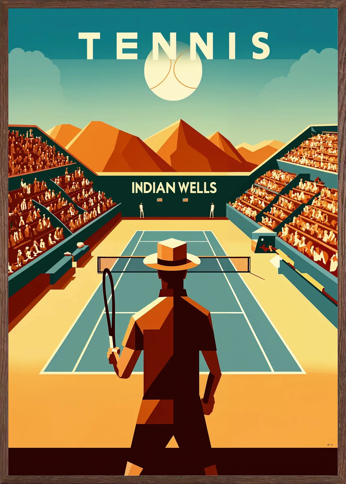 Cadre chene clair entourant Joueur de tennis face au court d'Indian Wells, montagnes ocre