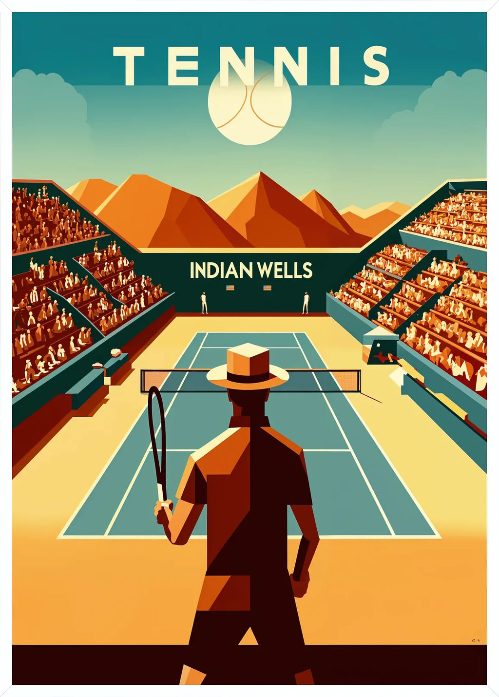 Cadre blanc epure presentant Joueur de tennis face au court d'Indian Wells, montagnes ocre