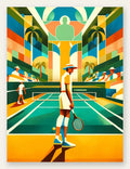 Joueur de tennis au chapeau sur court turquoise, palmiers cubistes