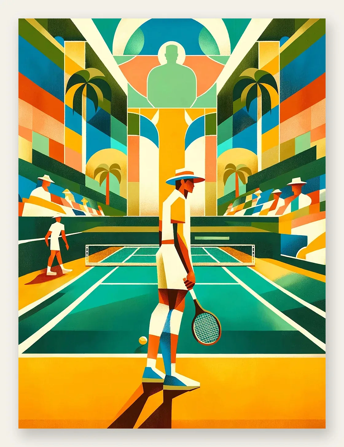 Joueur de tennis au chapeau sur court turquoise, palmiers cubistes