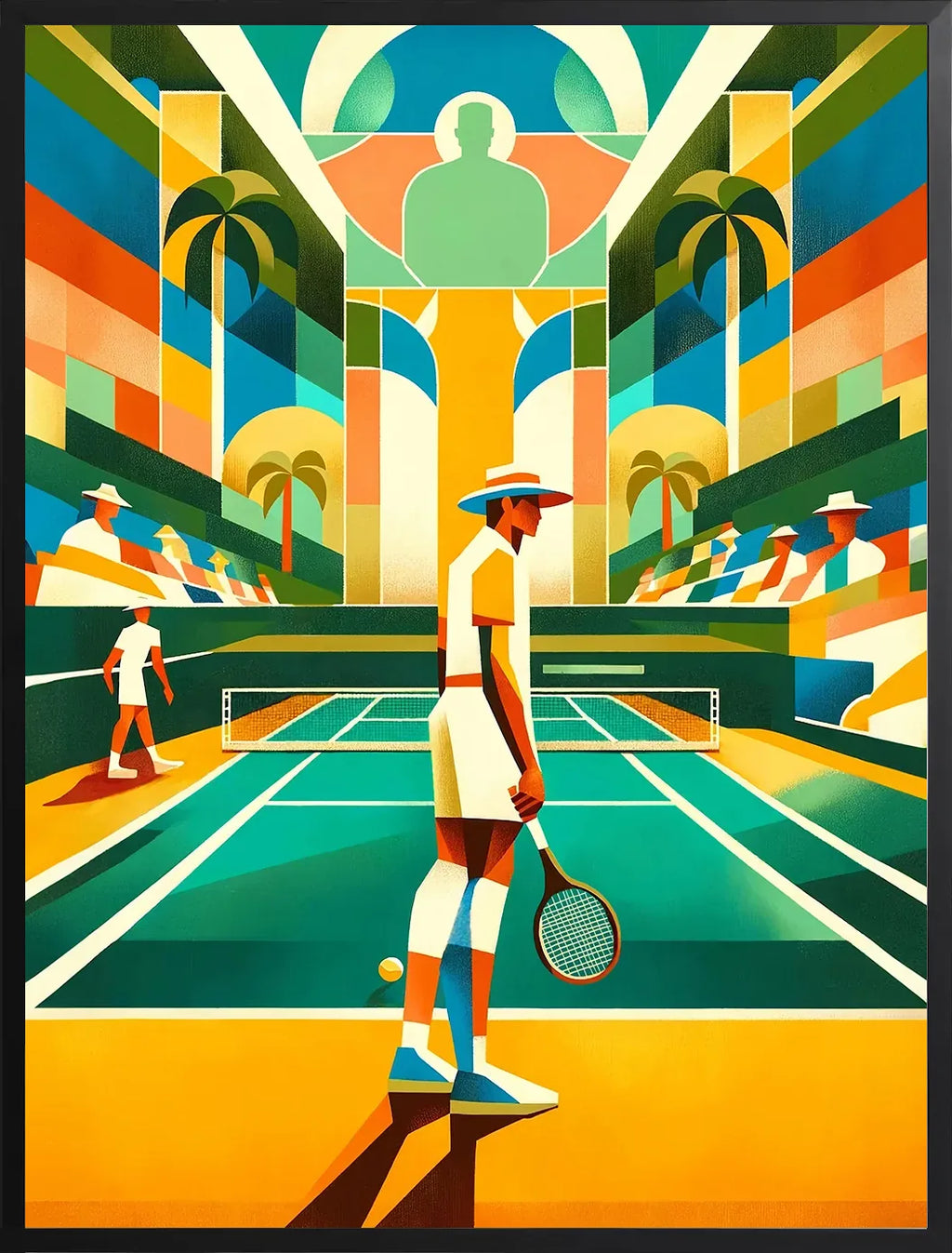 Encadrement noir mat autour de joueur de tennis au chapeau sur court turquoise, palmiers cubistes