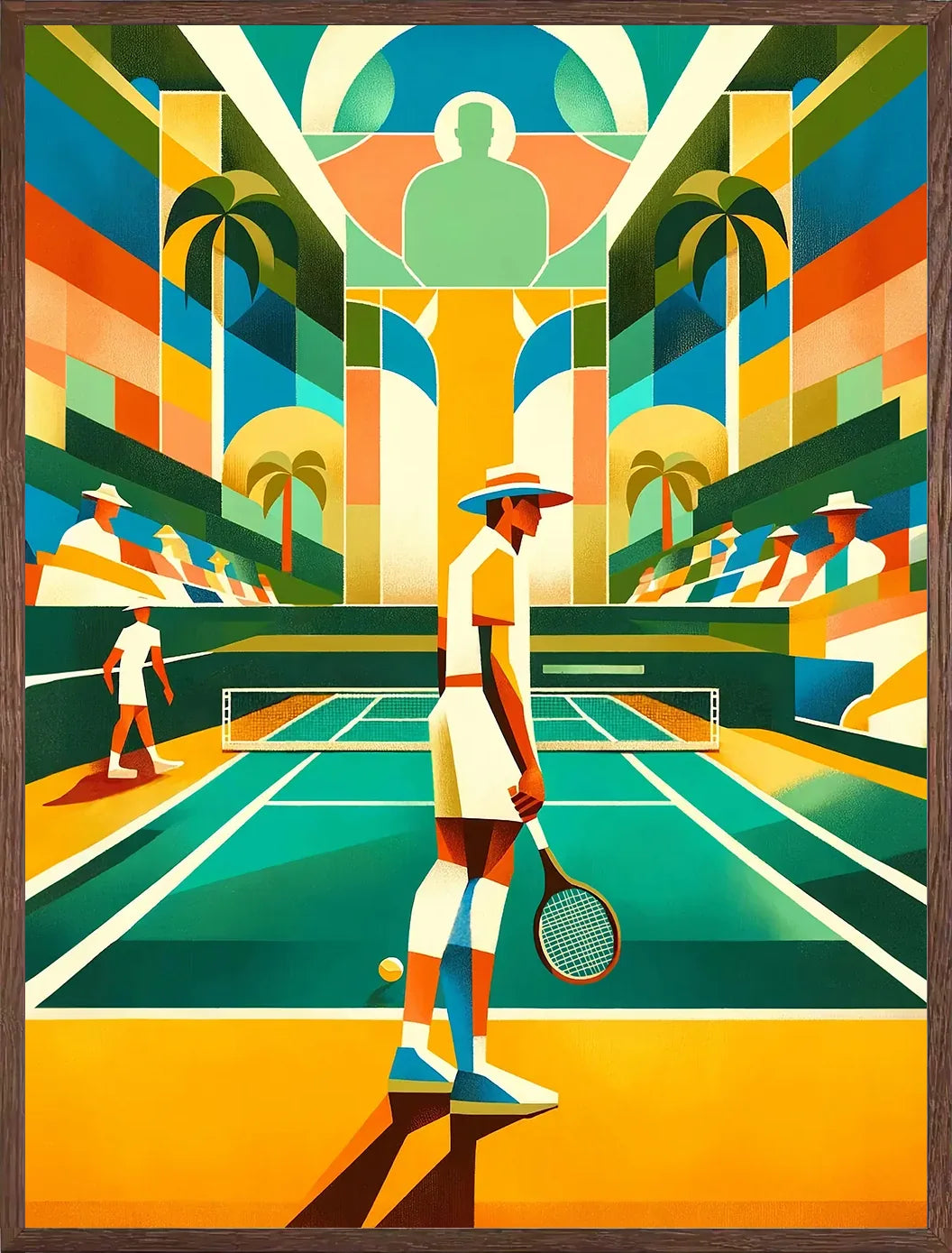 Cadre chene clair entourant joueur de tennis au chapeau sur court turquoise, palmiers cubistes