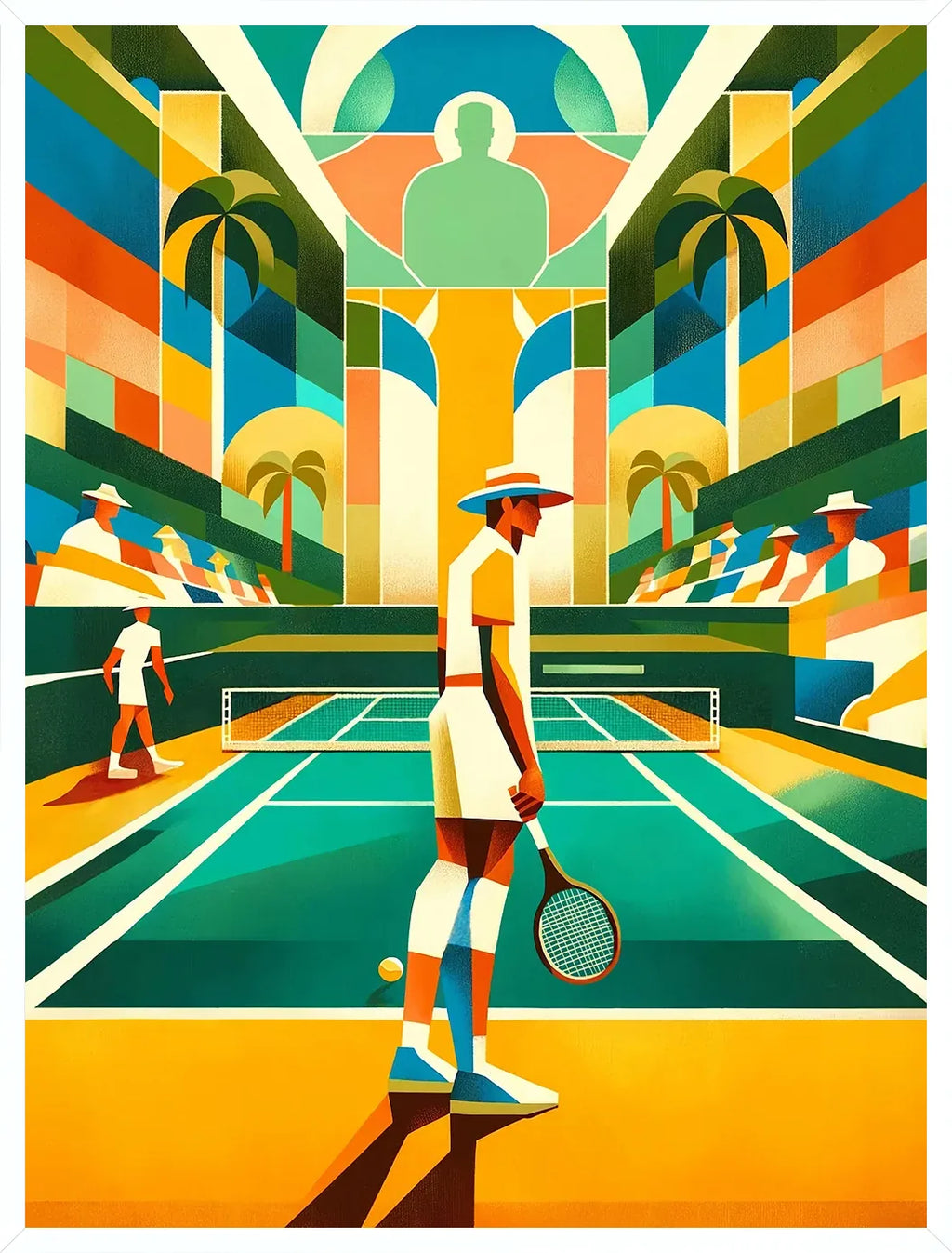 Cadre blanc epure presentant joueur de tennis au chapeau sur court turquoise, palmiers cubistes