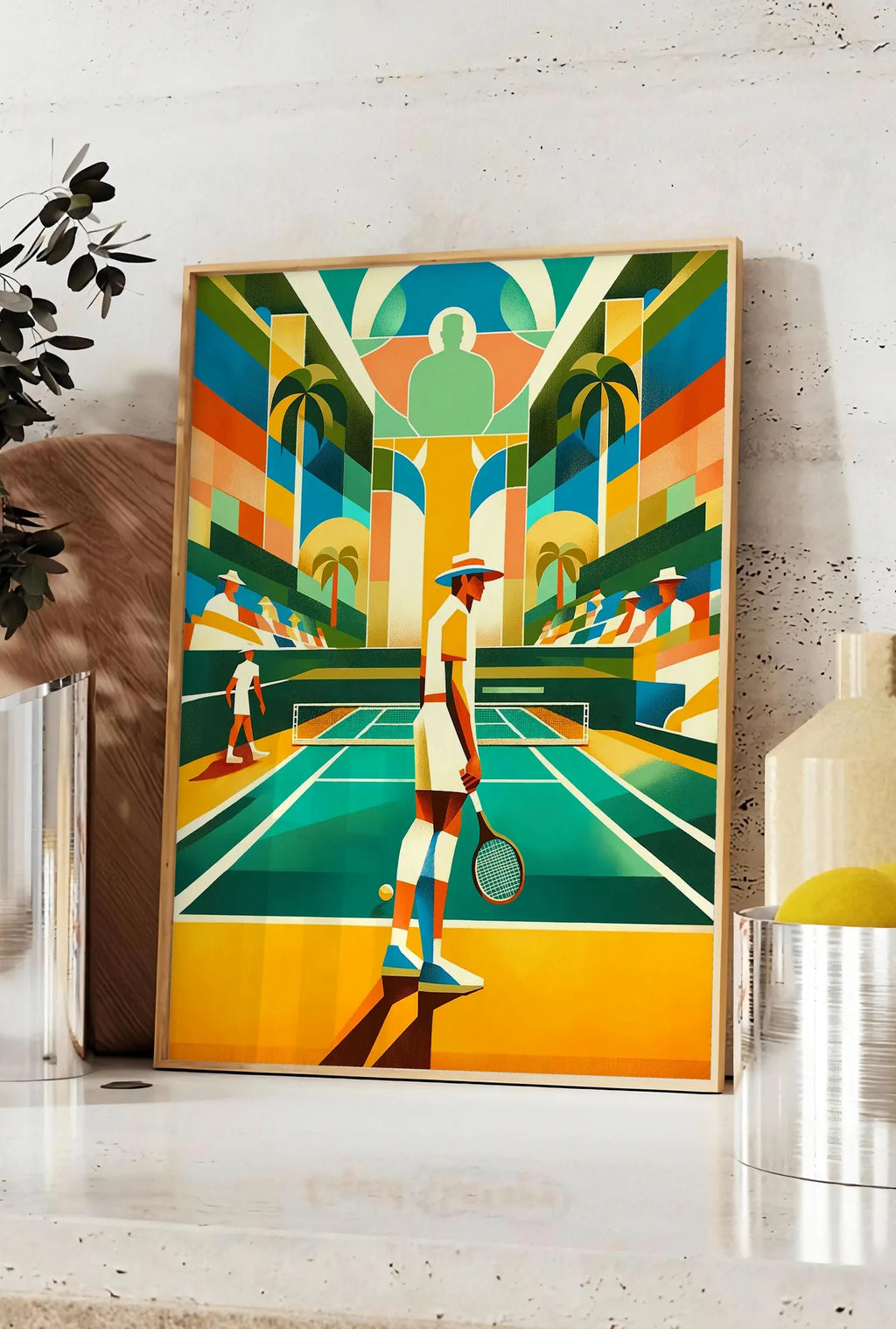 Affiche joueur de tennis au chapeau sur court turquoise, posee sur un plan de travail de cuisine en pierre claire, entre une branche d'eucalyptus en vase et un bocal de citrons