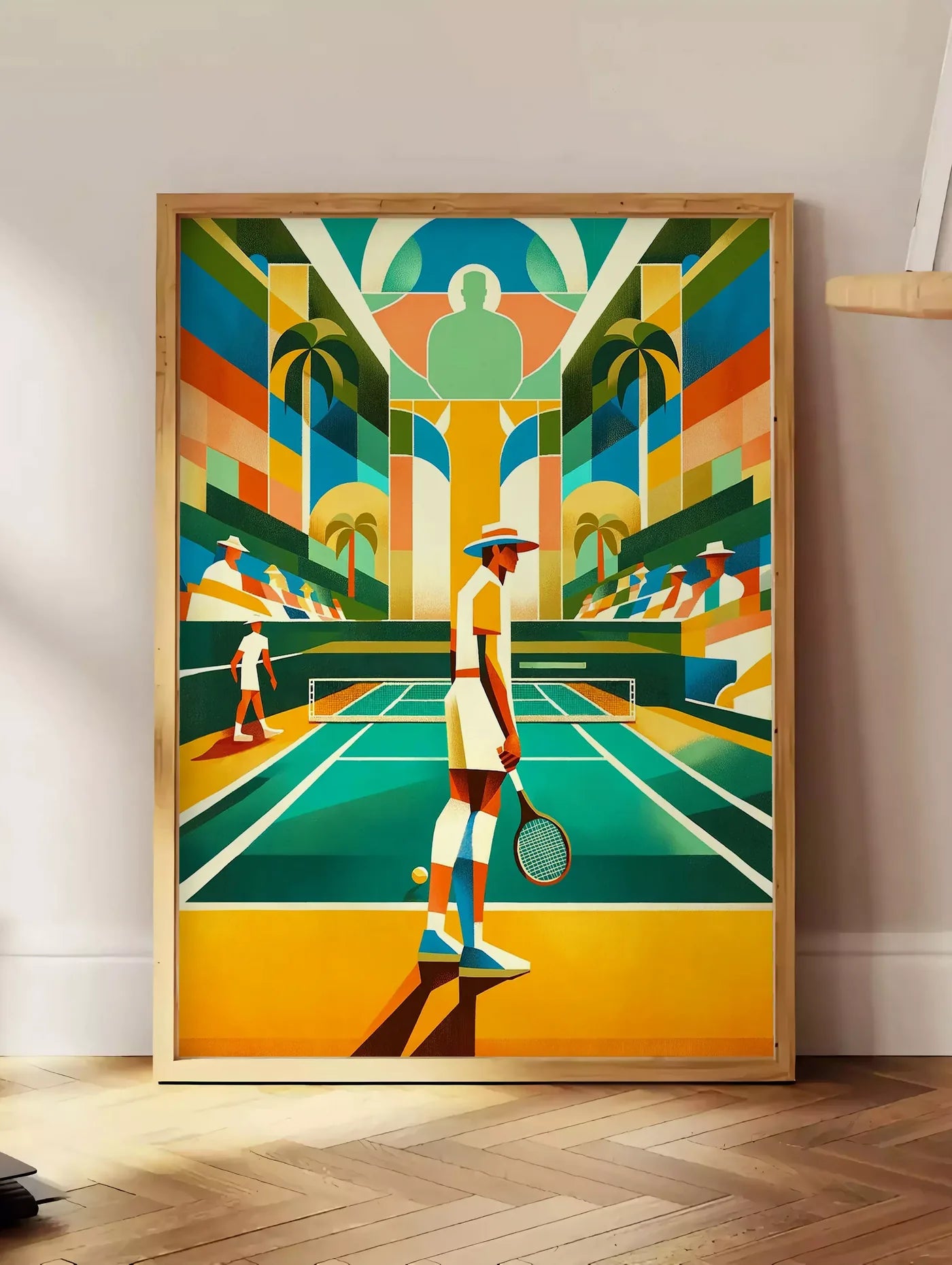 Estampe joueur de tennis au chapeau sur court turquoise, posee au sol dans un coin salon, sur un parquet a chevrons, pres d'une table d'appoint en chene chargee de livres