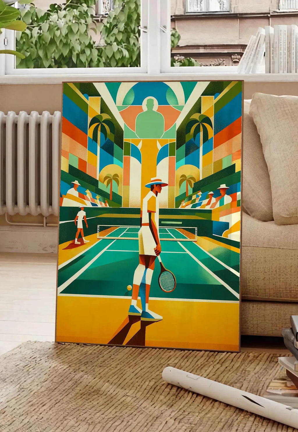 Poster joueur de tennis au chapeau sur court turquoise, posee au sol dans un salon parisien, devant une grande fenetre donnant sur un immeuble haussmannien, entre un ficus et un canape creme