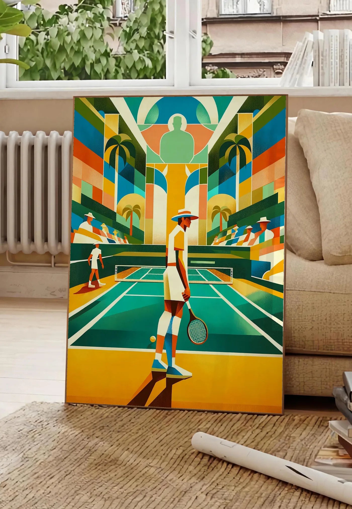Poster joueur de tennis au chapeau sur court turquoise, posee au sol dans un salon parisien, devant une grande fenetre donnant sur un immeuble haussmannien, entre un ficus et un canape creme