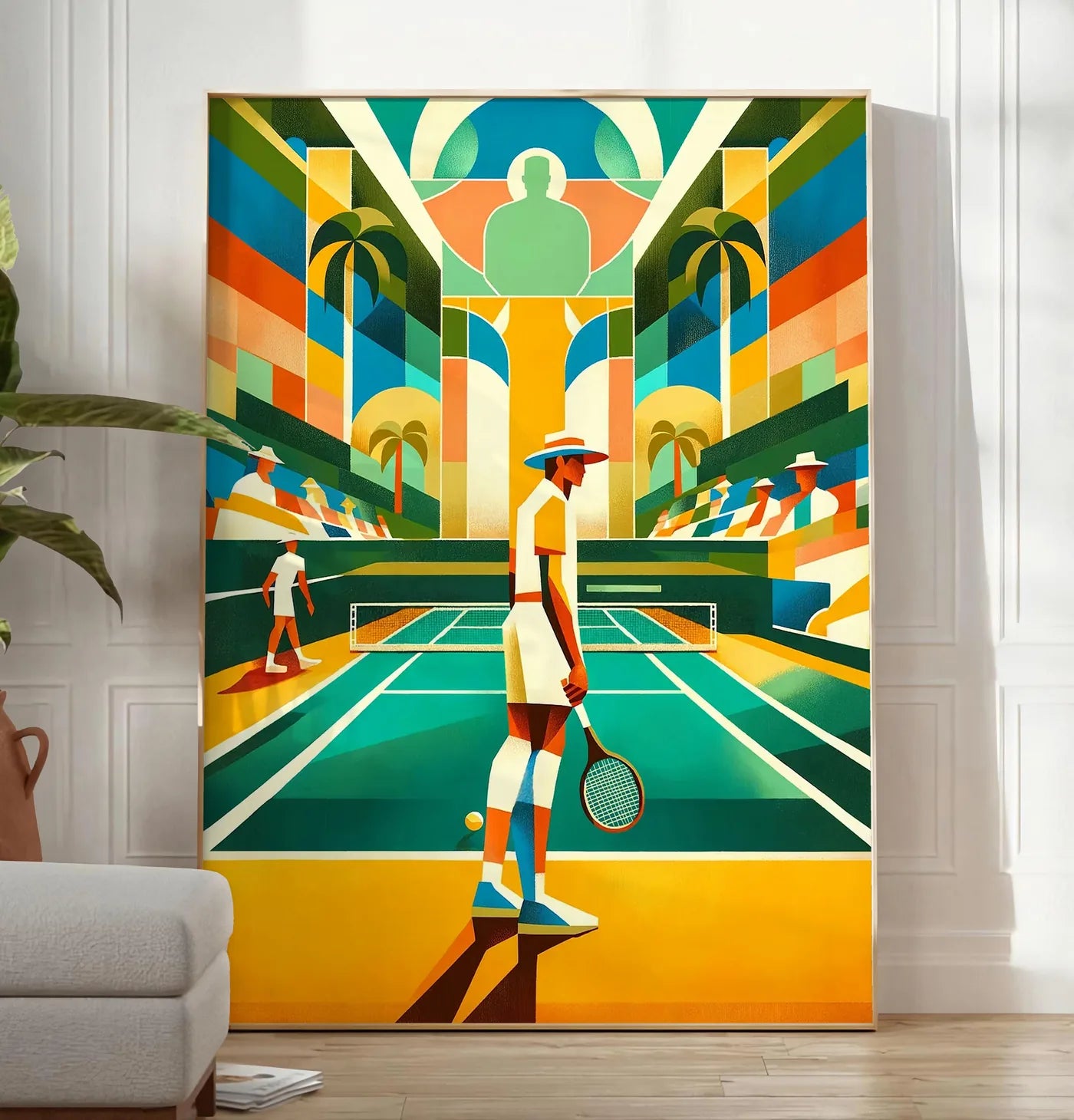 Reproduction joueur de tennis au chapeau sur court turquoise, posee au sol dans un salon minimaliste clair, a cote d'un canape beige et d'une plante verte, sur un parquet clair