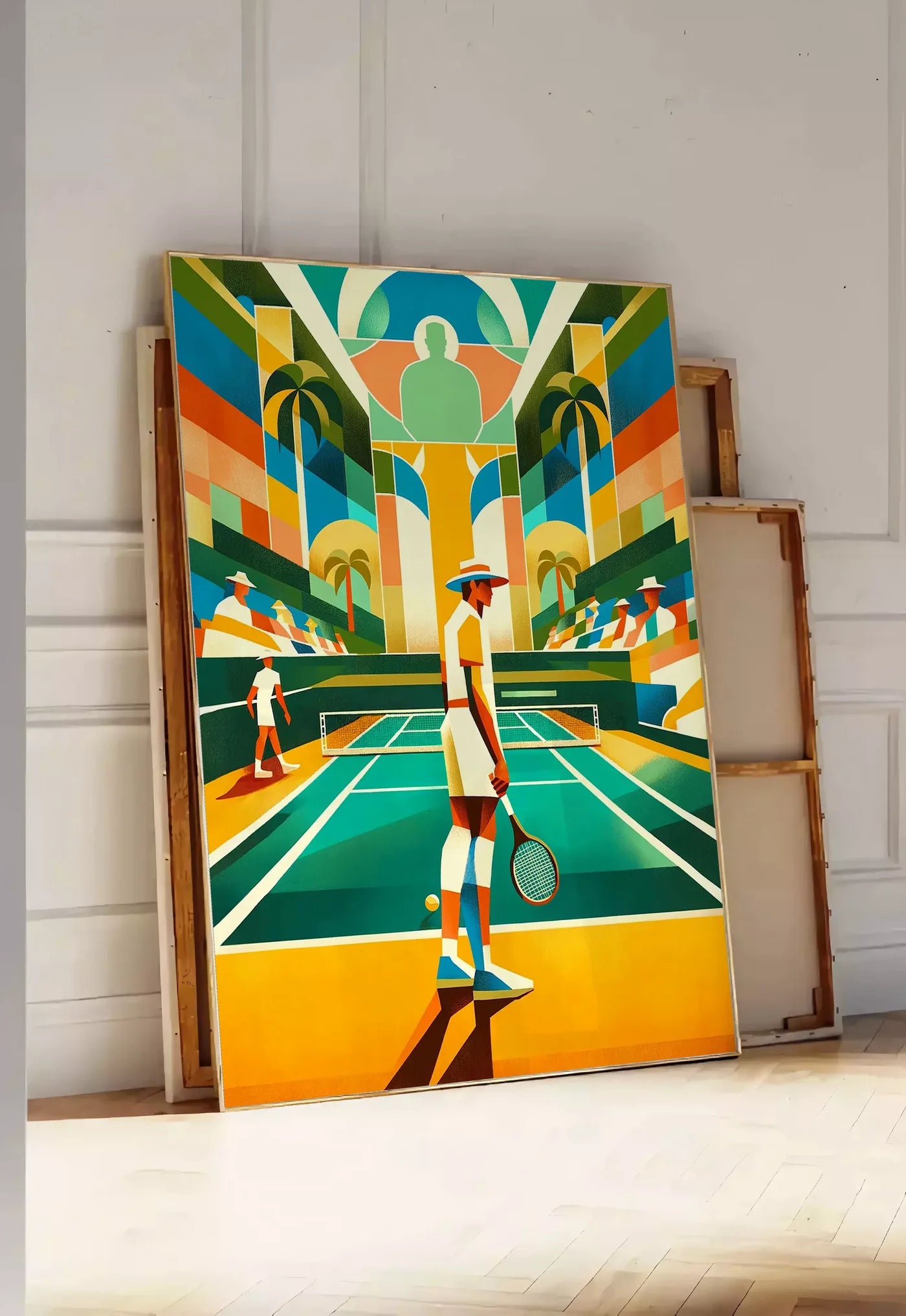 Tirage encadrable joueur de tennis au chapeau sur court turquoise, posee au sol dans une entree lumineuse, contre un mur a panneaux blancs, a cote de chassis en bois empiles
