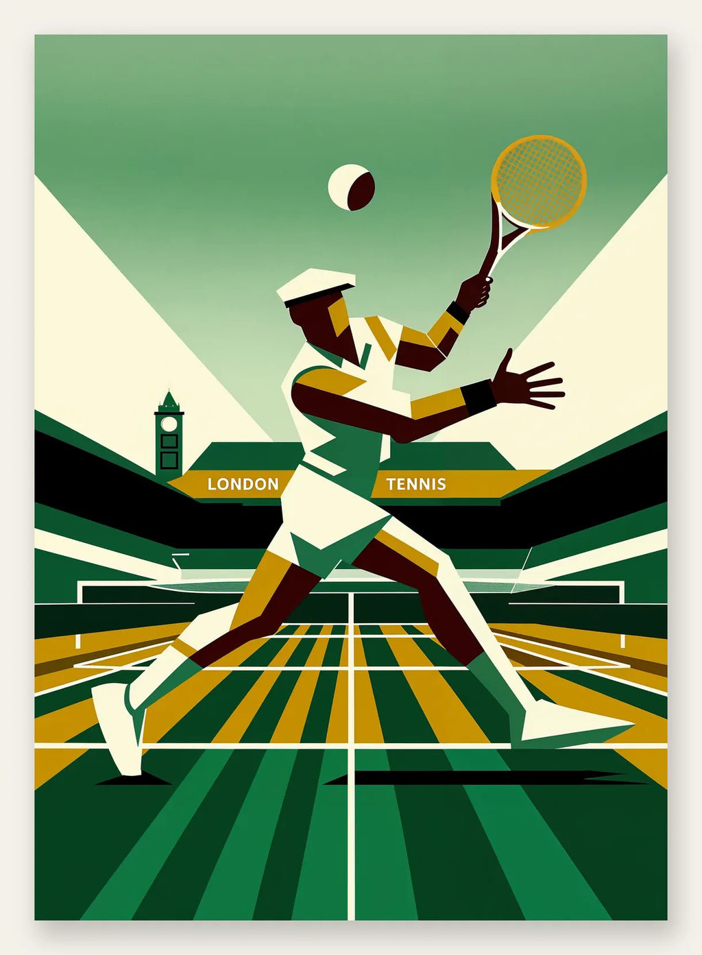 Stylised tennis player serving with ocre yellow banner and black ivory stands, racket and ball visible