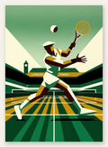 Stylised tennis player serving with ocre yellow banner and black ivory stands, racket and ball visible