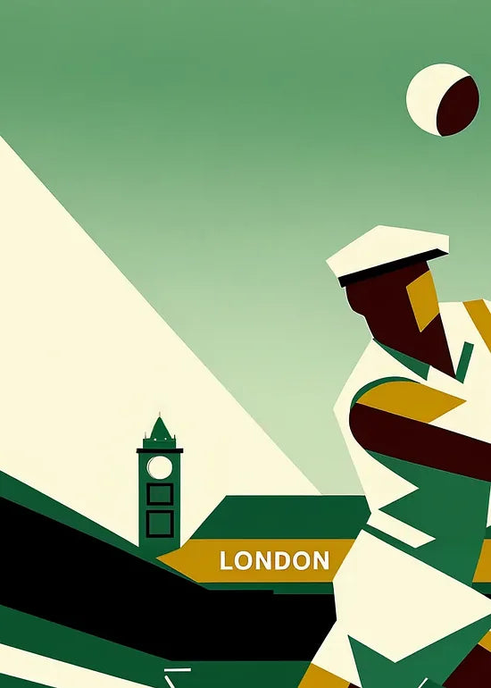 Close-up on the tennis player serving, visible grain of the paper 275 g/m² and the white uppercase typography on the ocre banner