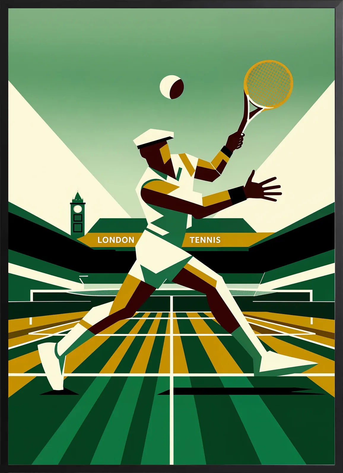 Graphic tennis player serving in black frame, strong contrast with white uppercase typography on ocre