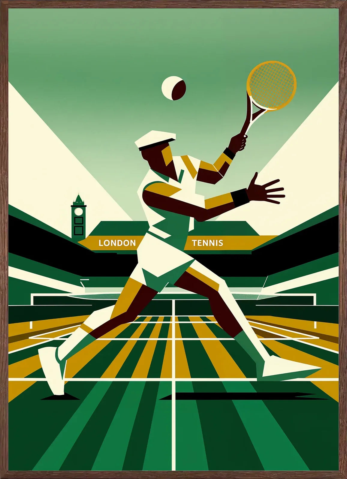 Framed tennis player serving in oak frame, mat finish, visible racket and London Tennis signage